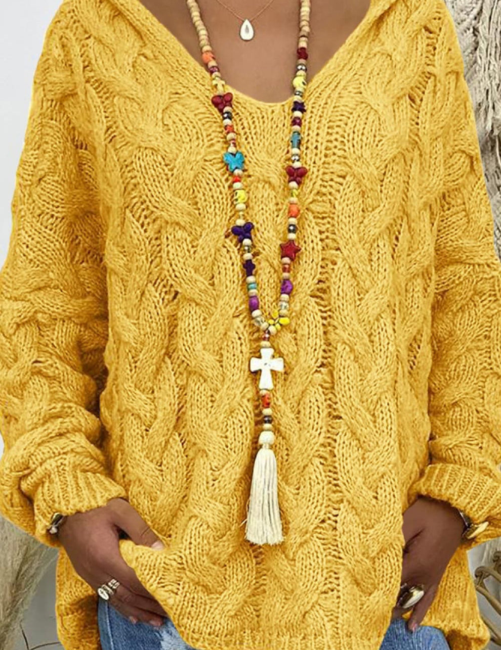 Sweaters made of soft cable knit with hood for women-5