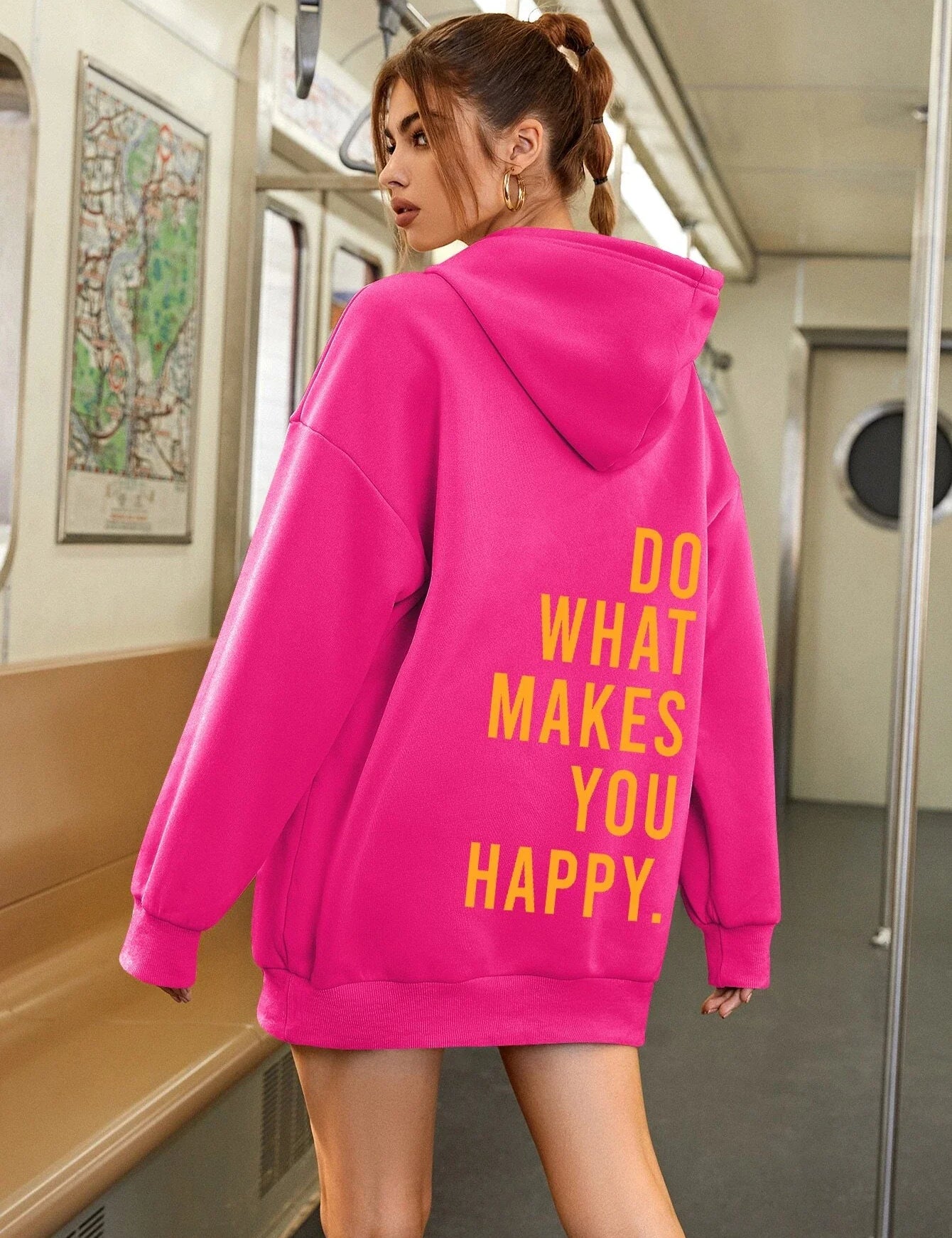 Sweater with a casual text logo design, monochrome style and hood for women-2