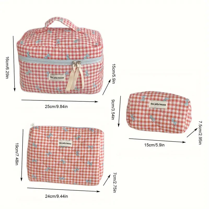 Chloe | Charming checked makeup pouch set with bow design