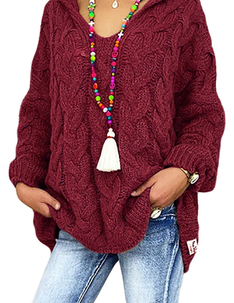 Sweaters made of soft cable knit with hood for women-2