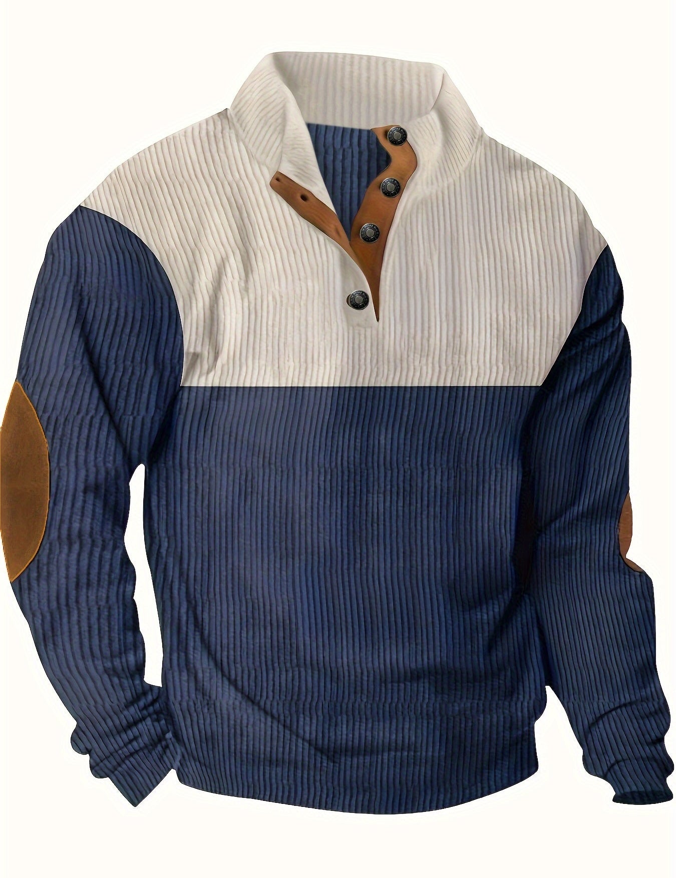 Men’s Ribbed Pullover Sweater - Quarter Button - Stand Collar - Long Sleeve - Elbow Patches-4