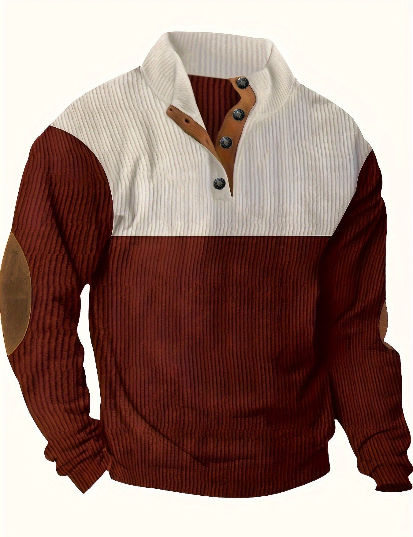 Men’s Ribbed Pullover Sweater - Quarter Button - Stand Collar - Long Sleeve - Elbow Patches-5
