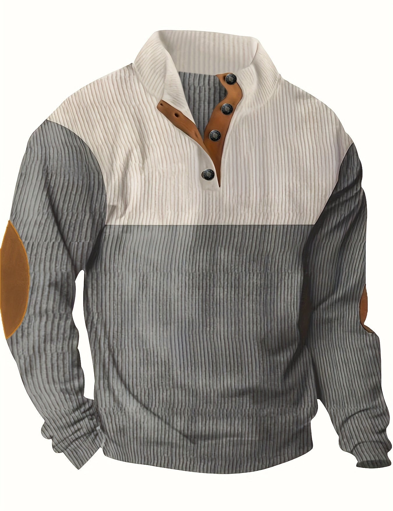 Men’s Ribbed Pullover Sweater - Quarter Button - Stand Collar - Long Sleeve - Elbow Patches-2