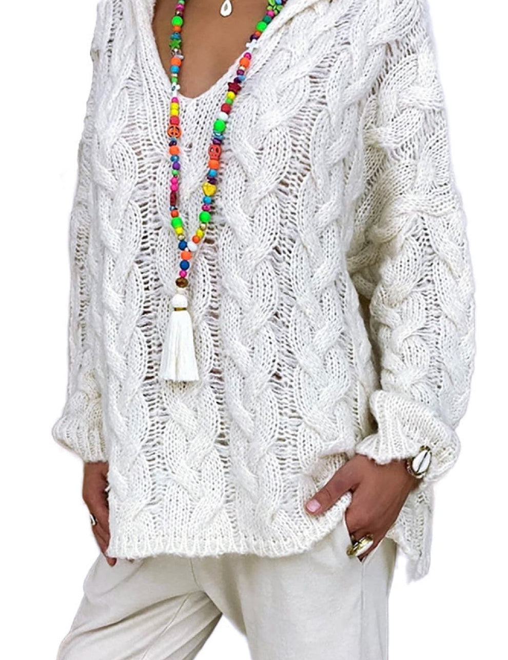 Sweaters made of soft cable knit with hood for women-3