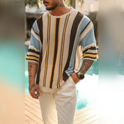 Men’s Knitted Sweater - Short Sleeve - Striped Pattern - Casual Comfortable Fit-2