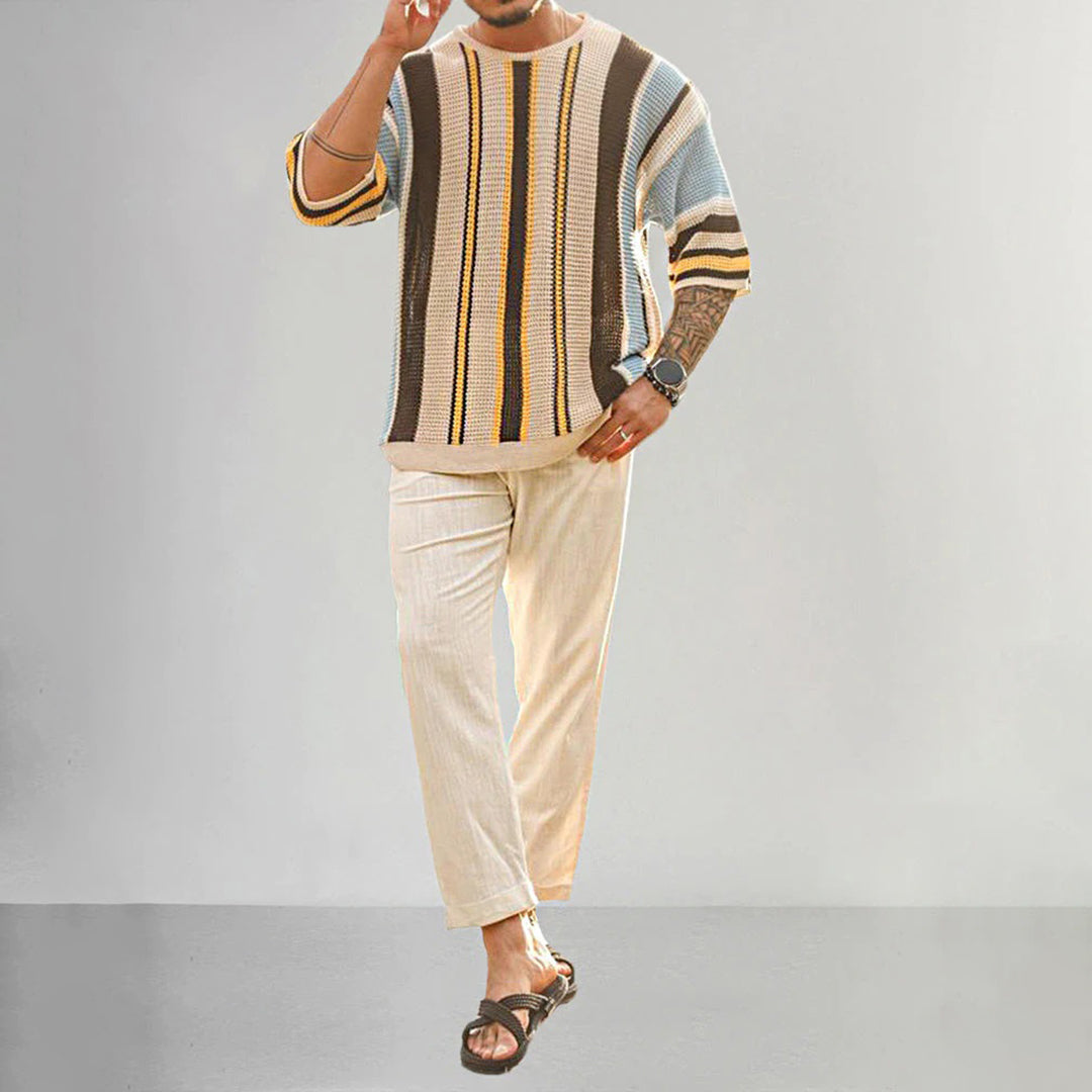 Men’s Knitted Sweater - Short Sleeve - Striped Pattern - Casual Comfortable Fit-3