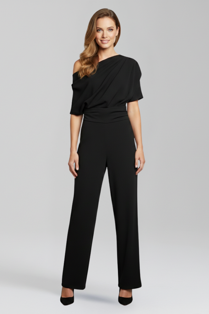 Black Women's Jumpsuit with Asymmetric Neckline and Long Sleeves - Stylish Full-Length Wide Leg Design 0