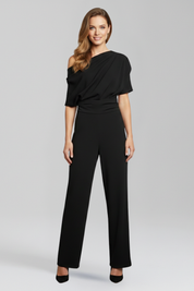 Black Women's Jumpsuit with Asymmetric Neckline and Long Sleeves - Stylish Full-Length Wide Leg Design 0