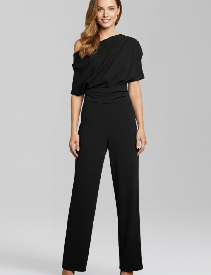 Black Women's Jumpsuit with Asymmetric Neckline and Long Sleeves - Stylish Full-Length Wide Leg Design 0