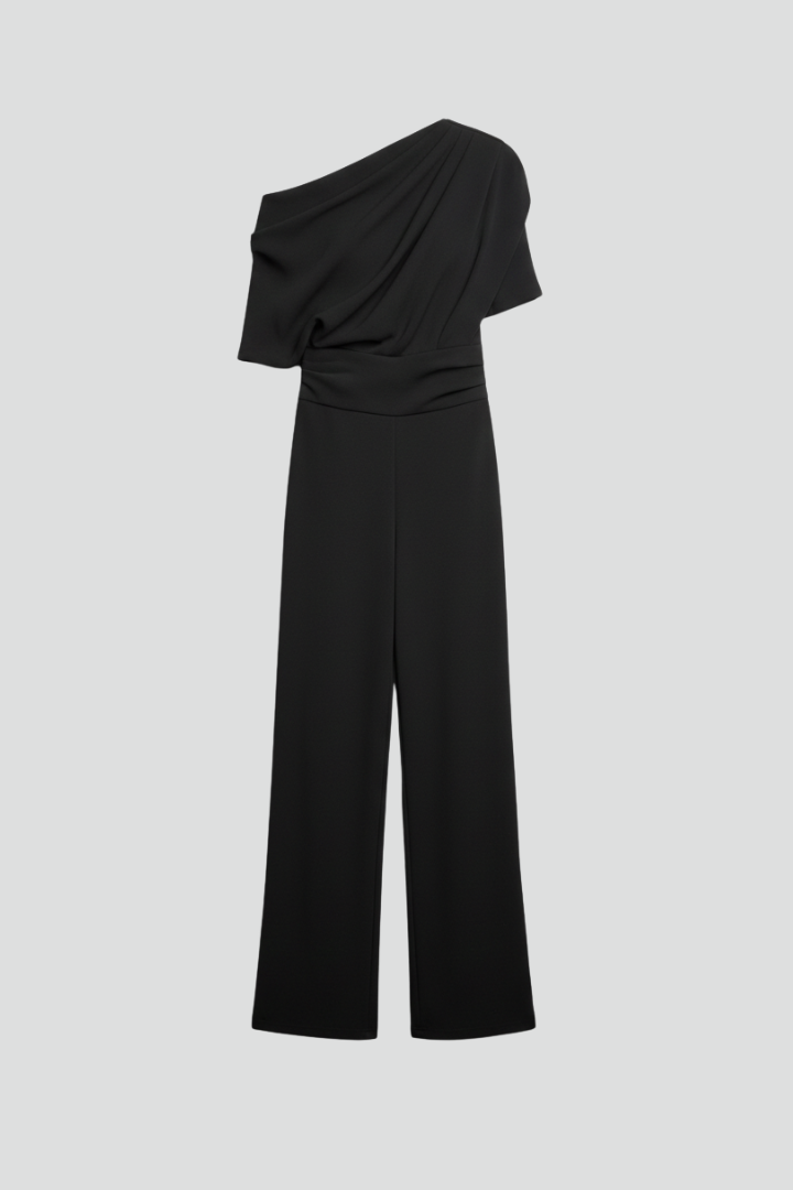 Black Women's Jumpsuit with Asymmetric Neckline and Long Sleeves - Stylish Full-Length Wide Leg Design 1