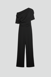 Black Women's Jumpsuit with Asymmetric Neckline and Long Sleeves - Stylish Full-Length Wide Leg Design 1