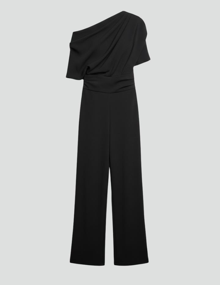Black Women's Jumpsuit with Asymmetric Neckline and Long Sleeves - Stylish Full-Length Wide Leg Design 1