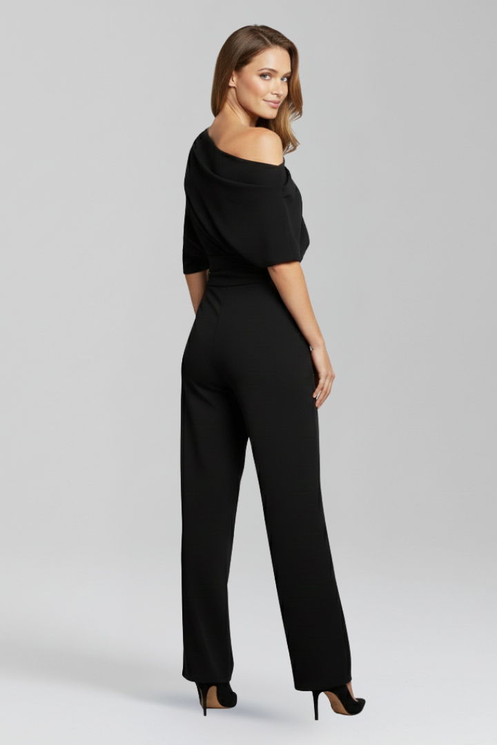 Black Women's Jumpsuit with Asymmetric Neckline and Long Sleeves - Stylish Full-Length Wide Leg Design 2