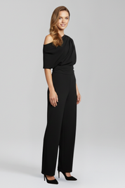 Black Women's Jumpsuit with Asymmetric Neckline and Long Sleeves - Stylish Full-Length Wide Leg Design 3
