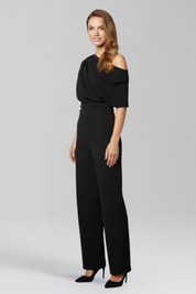 Black Women's Jumpsuit with Asymmetric Neckline and Long Sleeves - Stylish Full-Length Wide Leg Design 4
