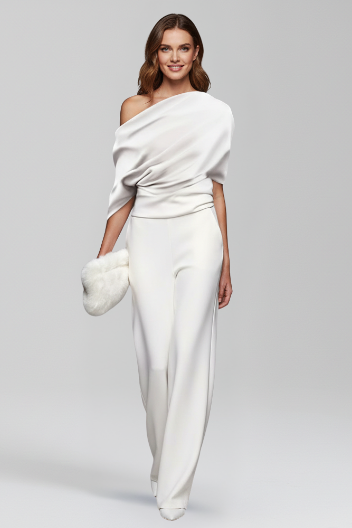 Black Women's Jumpsuit with Asymmetric Neckline and Long Sleeves - Stylish Full-Length Wide Leg Design 5