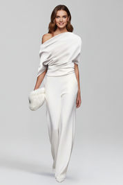 Black Women's Jumpsuit with Asymmetric Neckline and Long Sleeves - Stylish Full-Length Wide Leg Design 5