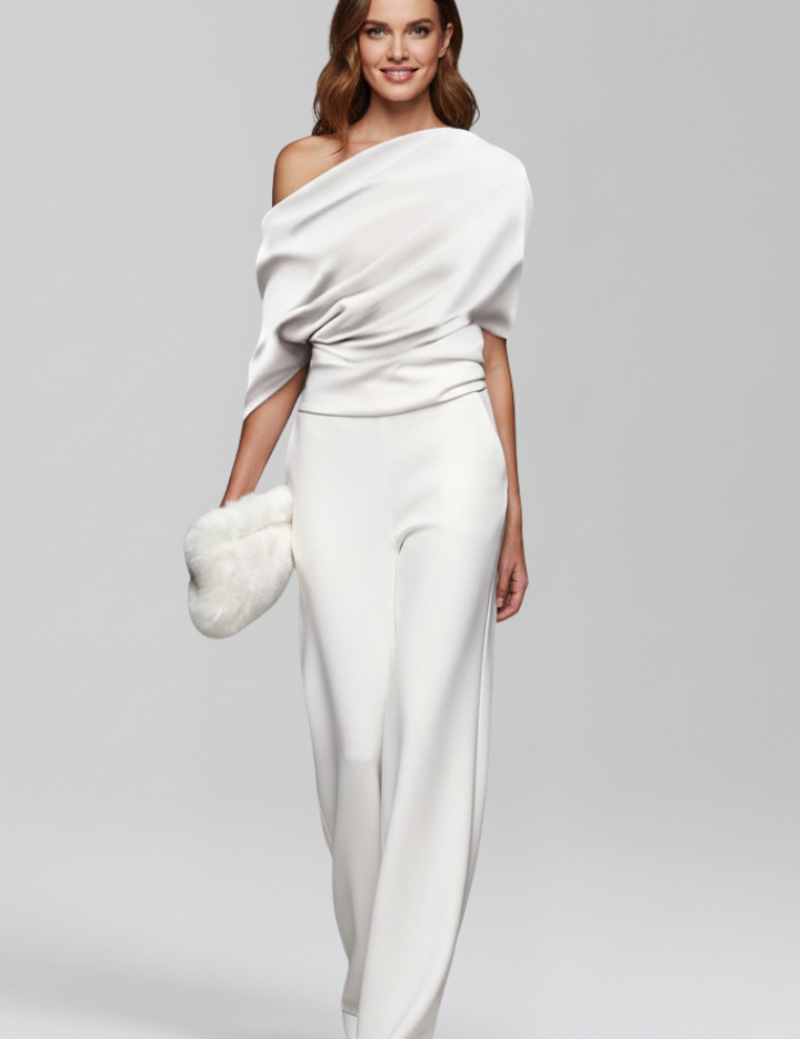 Black Women's Jumpsuit with Asymmetric Neckline and Long Sleeves - Stylish Full-Length Wide Leg Design 5