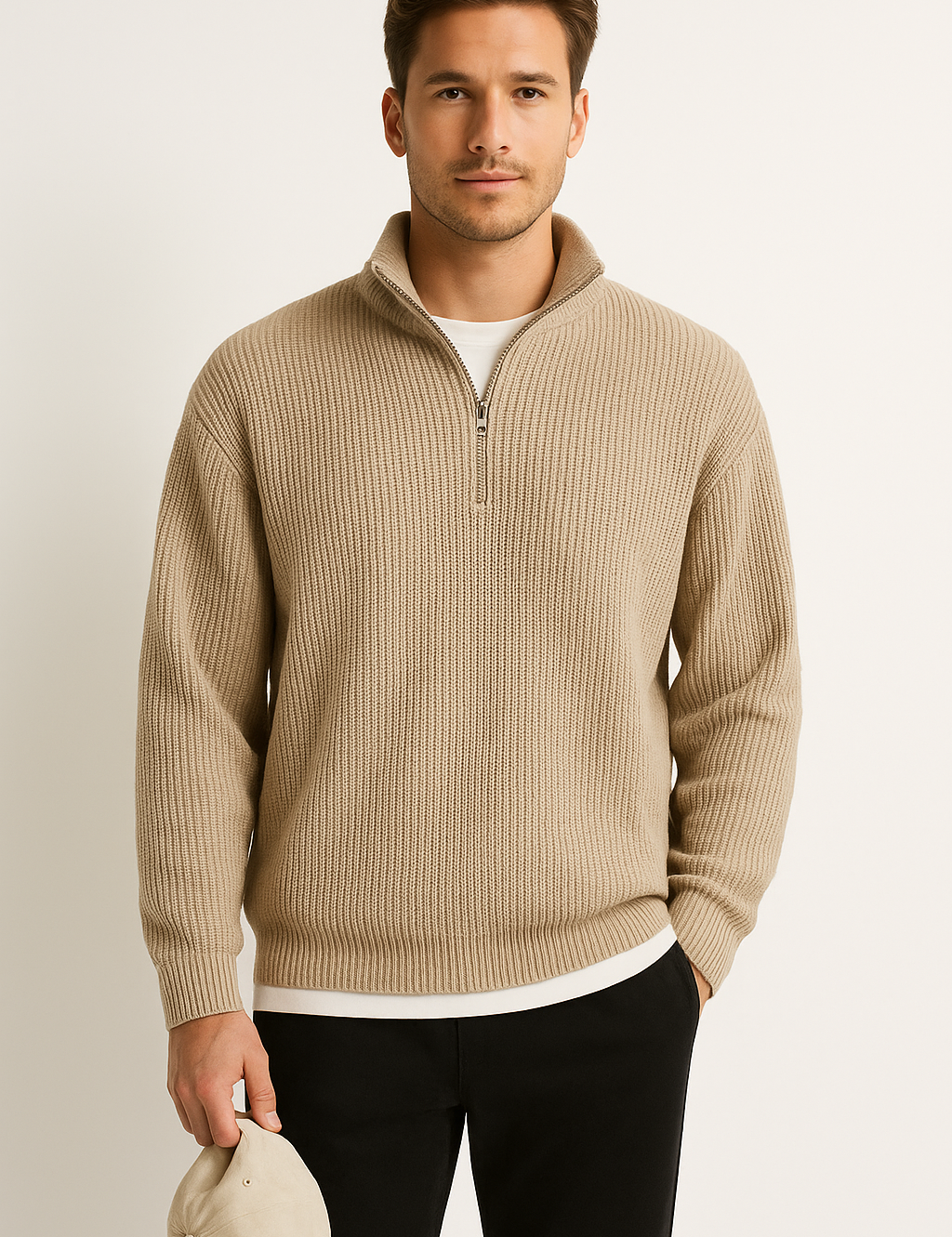 Men’s Half Zip Sweater – Wool Blend – Ribbed Texture – Relaxed Fit – Casual Layer-2