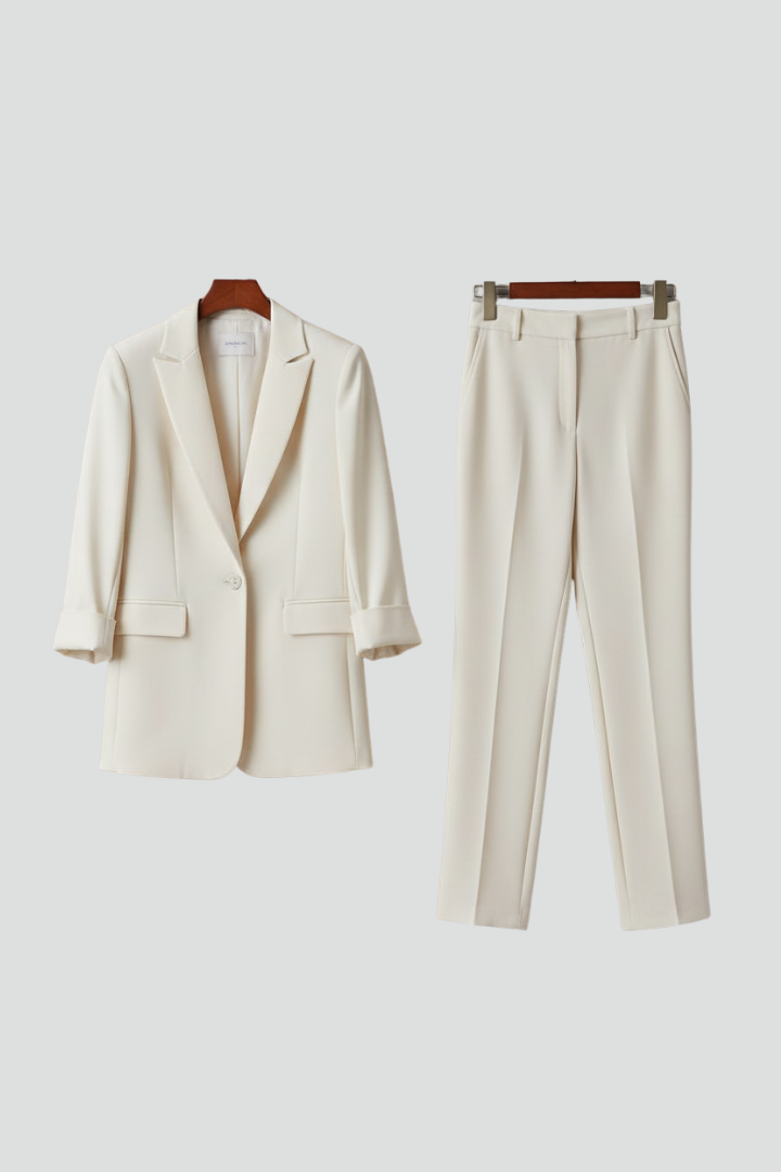 Chic Women's Blazer Set with Defined Silhouette and Straight-Leg Trousers for Professional and Casual Style 1