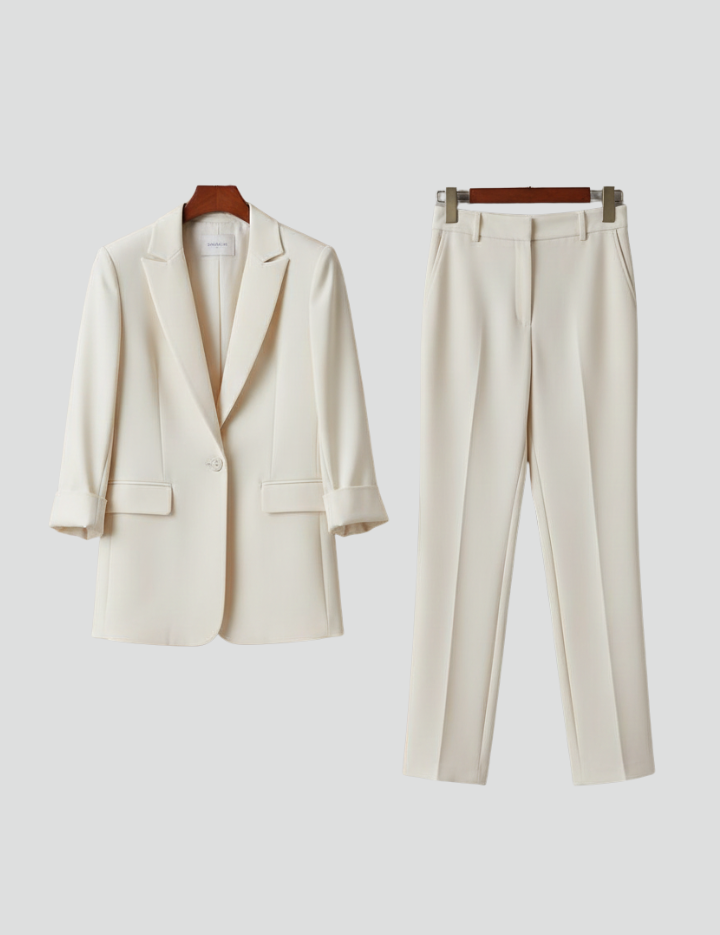 Chic Women's Blazer Set with Defined Silhouette and Straight-Leg Trousers for Professional and Casual Style 1