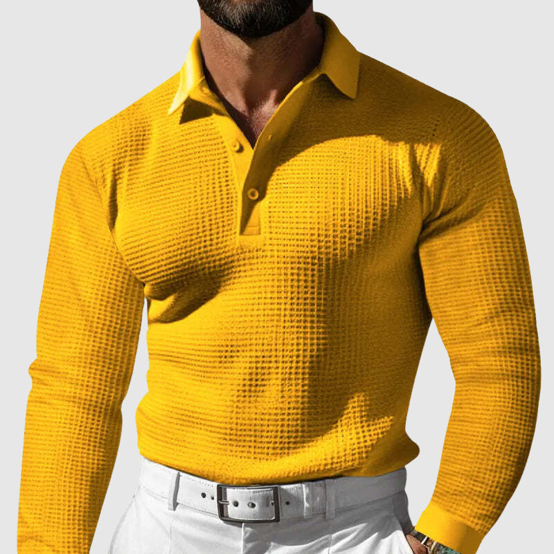 Men’s Knitted Polo Shirt - Waffle Texture - Slim Fit - Long Sleeve Smart Casual-3