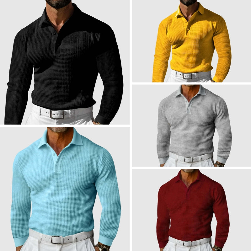 Men’s Knitted Polo Shirt - Waffle Texture - Slim Fit - Long Sleeve Smart Casual-6