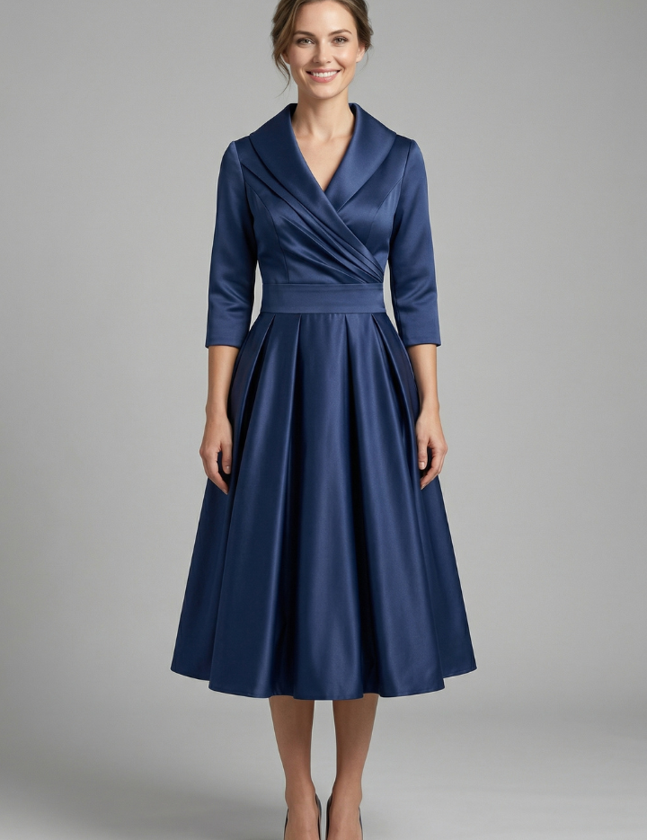 Elegant Women's Midi Dress with Wrap Neckline and Pleated Skirt for Versatile Style 0