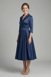 Elegant Women's Midi Dress with Wrap Neckline and Pleated Skirt for Versatile Style 2