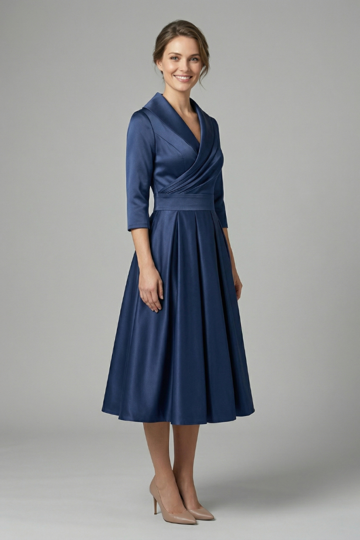 Elegant Women's Midi Dress with Wrap Neckline and Pleated Skirt for Versatile Style 4