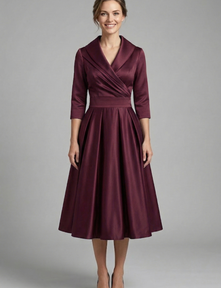 Elegant Women's Midi Dress with Wrap Neckline and Pleated Skirt for Versatile Style 5