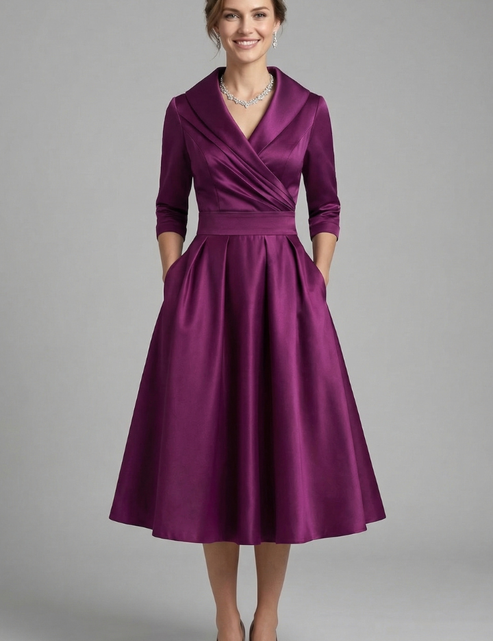 Elegant Women's Midi Dress with Wrap Neckline and Pleated Skirt for Versatile Style 7