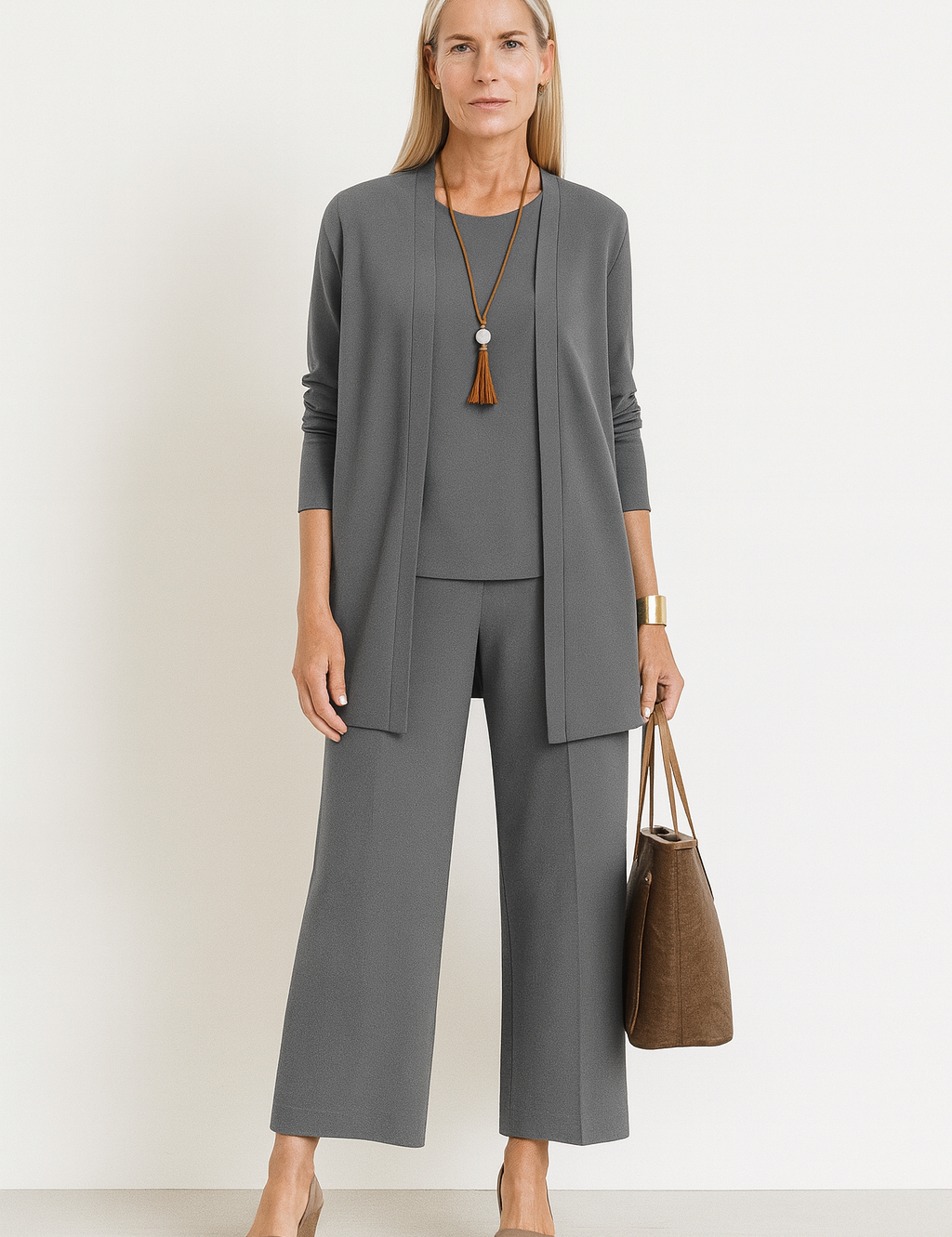 Women's 3-Piece Cardigan Set with Wide Leg Trousers - Versatile Autumn Outfit 0