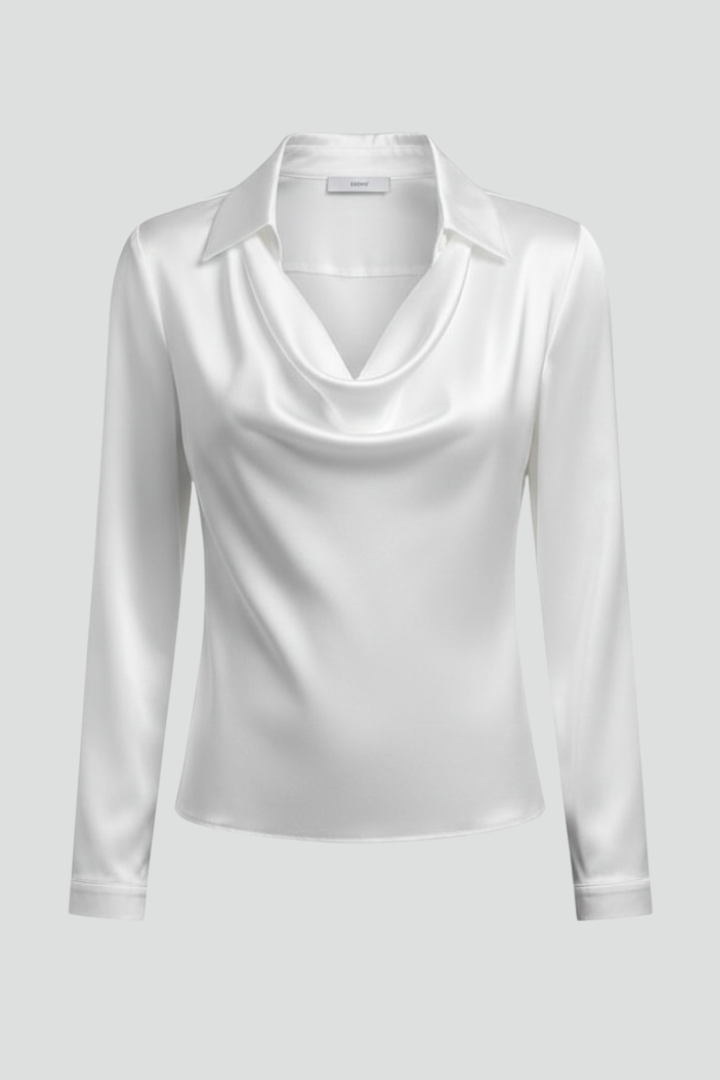 Women's Blouse with Draped Collar - Elegant Long Sleeve Top for Casual and Formal Wear 1