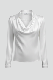 Women's Blouse with Draped Collar - Elegant Long Sleeve Top for Casual and Formal Wear 1