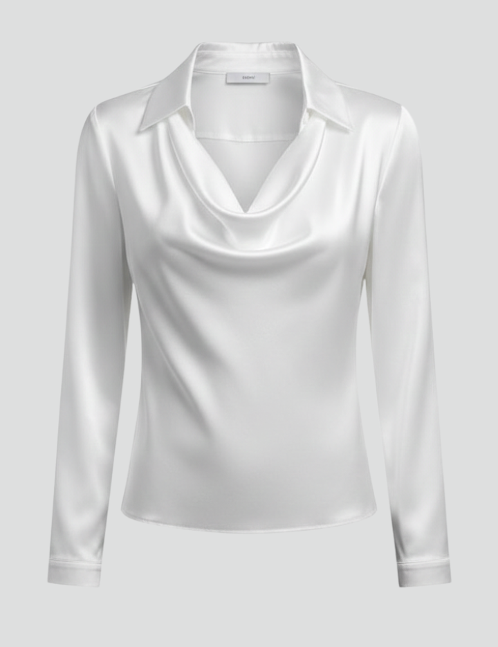 Women's Blouse with Draped Collar - Elegant Long Sleeve Top for Casual and Formal Wear 1
