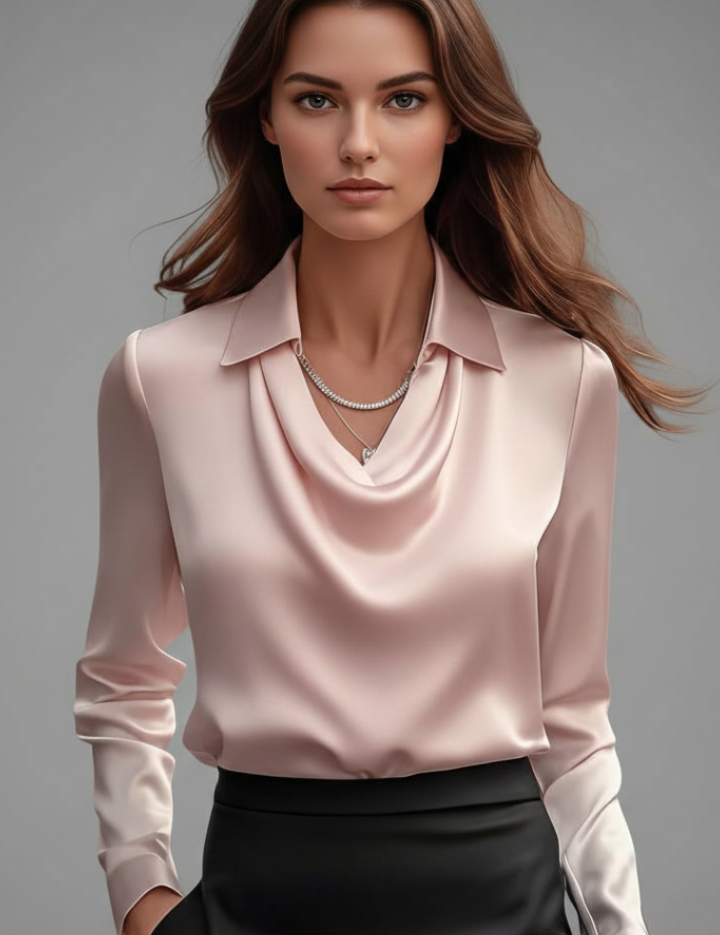 Women's Blouse with Draped Collar - Elegant Long Sleeve Top for Casual and Formal Wear 12