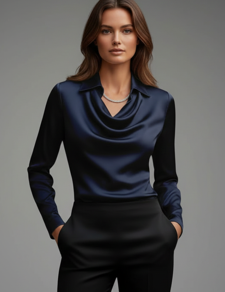 Women's Blouse with Draped Collar - Elegant Long Sleeve Top for Casual and Formal Wear 6