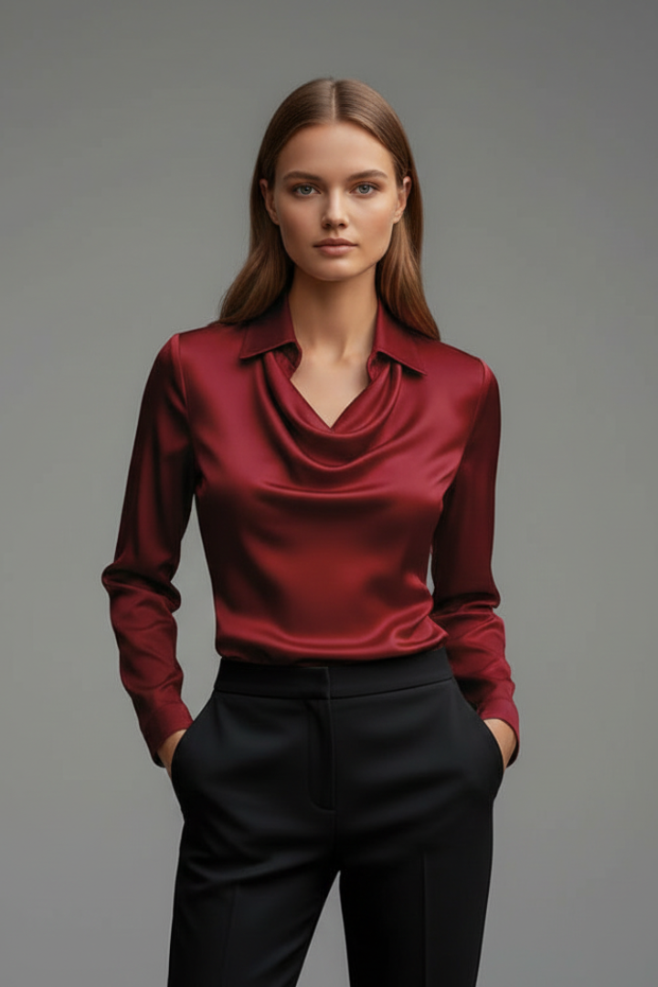 Women's Blouse with Draped Collar - Elegant Long Sleeve Top for Casual and Formal Wear 7