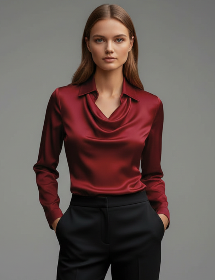 Women's Blouse with Draped Collar - Elegant Long Sleeve Top for Casual and Formal Wear 7