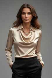 Women's Blouse with Draped Collar - Elegant Long Sleeve Top for Casual and Formal Wear 8