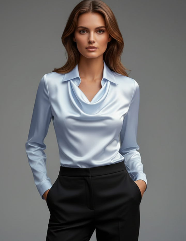 Women's Blouse with Draped Collar - Elegant Long Sleeve Top for Casual and Formal Wear 9