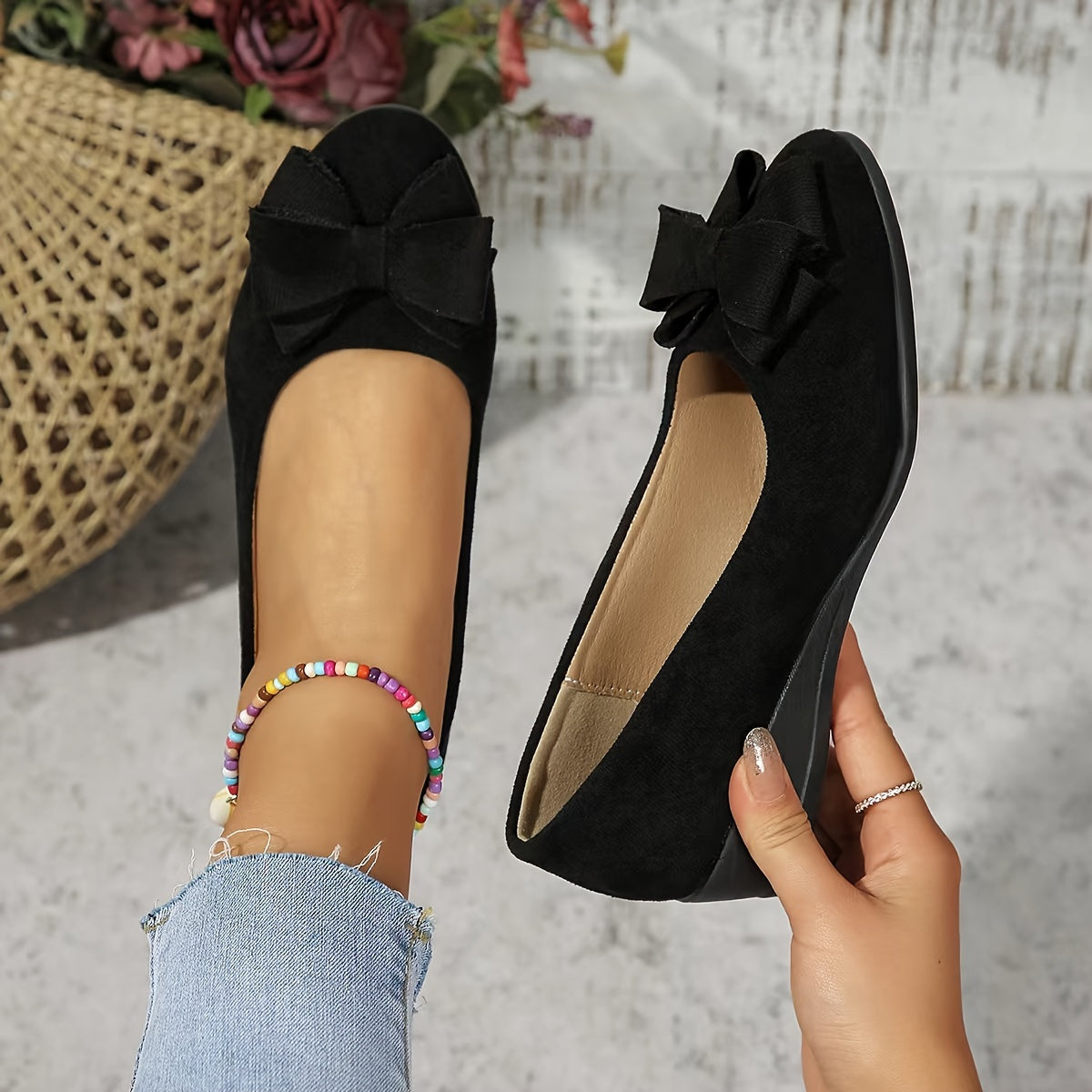 Women's Orthopedic Black Ballet Flats with Bow Detail - Comfortable Arch Support Flats for Women 0