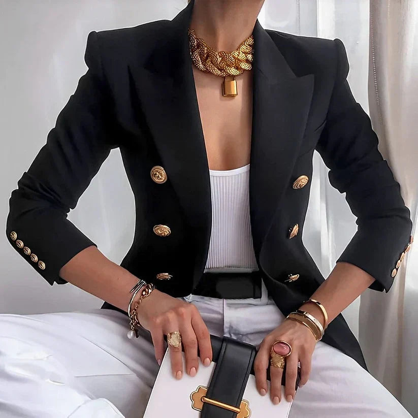 Women's Pink Double Breasted Blazer with Gold Buttons - Tailored Jacket for Elegant Style 0