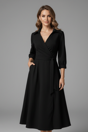 Women's Summer Midi Dress, Elegant V-Neck with Long Sleeves, A-Line Skirt for Formal or Casual Occasions 0