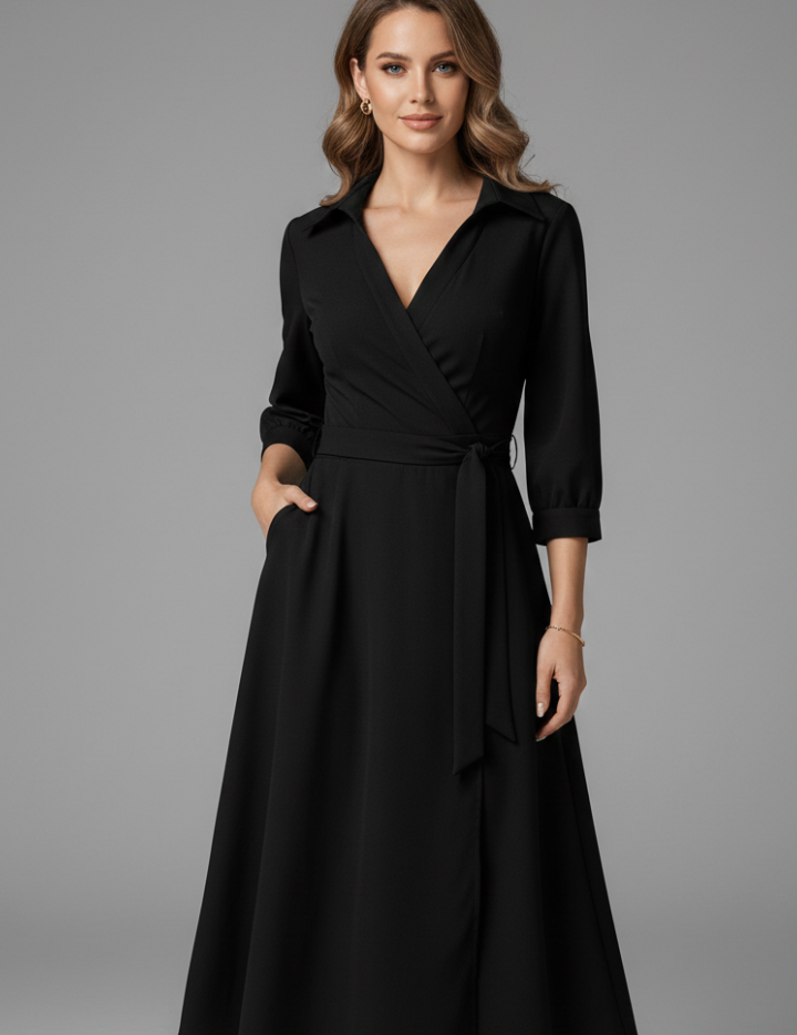 Women's Summer Midi Dress, Elegant V-Neck with Long Sleeves, A-Line Skirt for Formal or Casual Occasions 0