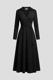 Women's Summer Midi Dress, Elegant V-Neck with Long Sleeves, A-Line Skirt for Formal or Casual Occasions 1