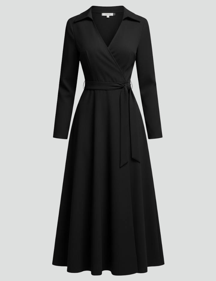 Women's Summer Midi Dress, Elegant V-Neck with Long Sleeves, A-Line Skirt for Formal or Casual Occasions 1
