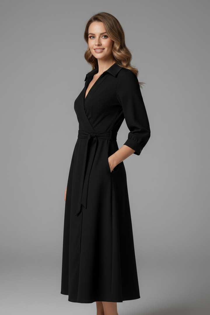 Women's Summer Midi Dress, Elegant V-Neck with Long Sleeves, A-Line Skirt for Formal or Casual Occasions 2