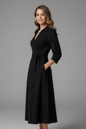 Women's Summer Midi Dress, Elegant V-Neck with Long Sleeves, A-Line Skirt for Formal or Casual Occasions 2